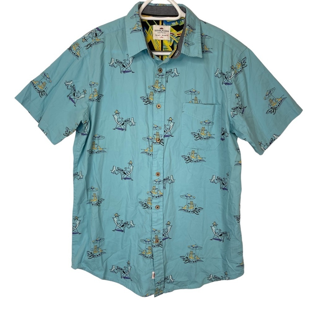 Ditch Plains Ricky Singh Casual Dress Shirt Size L Turquoise Beach Theme S/S